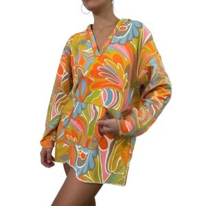 Lucky Brand Hooded Long Sleeve Shirt L Multicolor Psychedelic Swirl Print Y2K